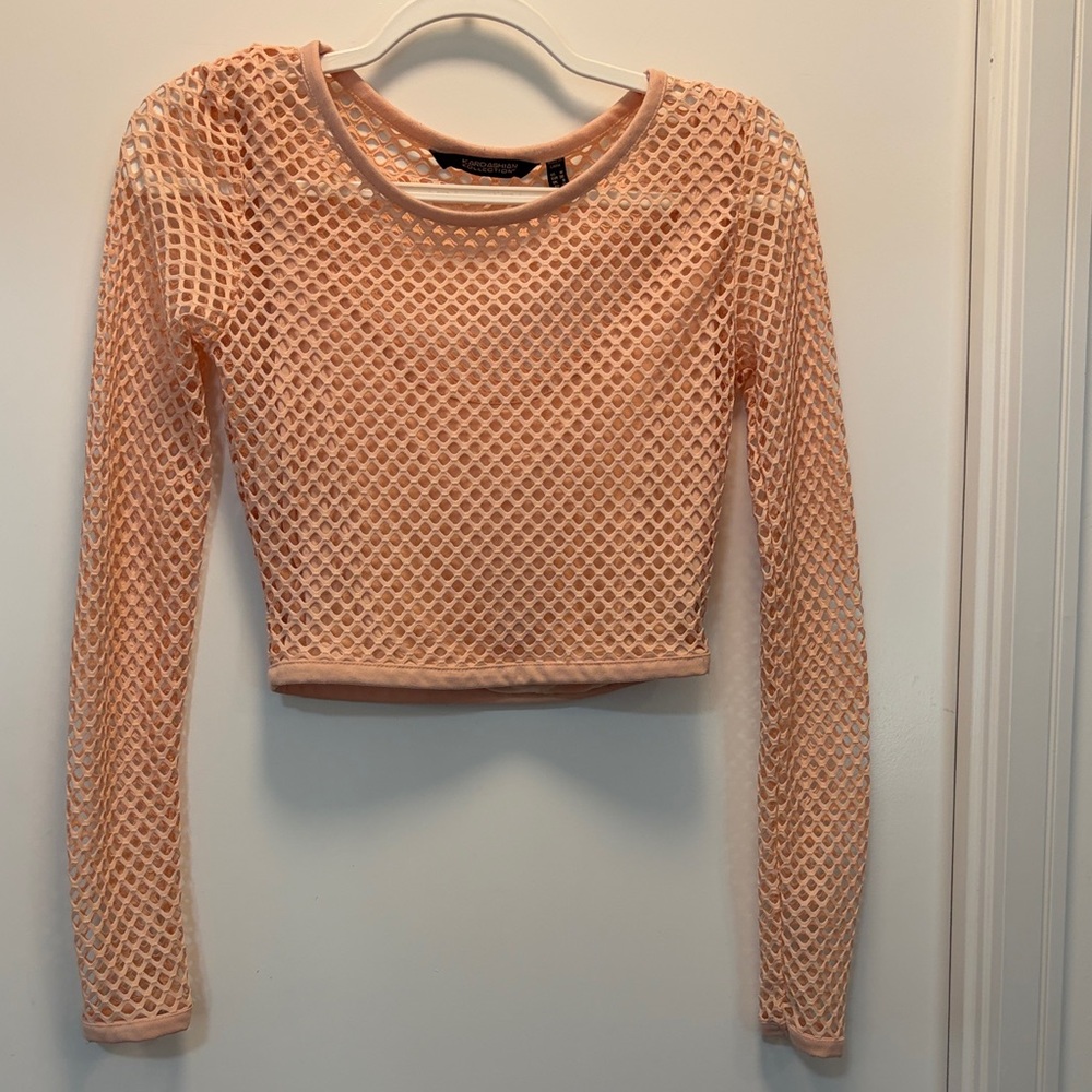 Kardashian Kollection Peach Mesh Long Sleeve Crop Top